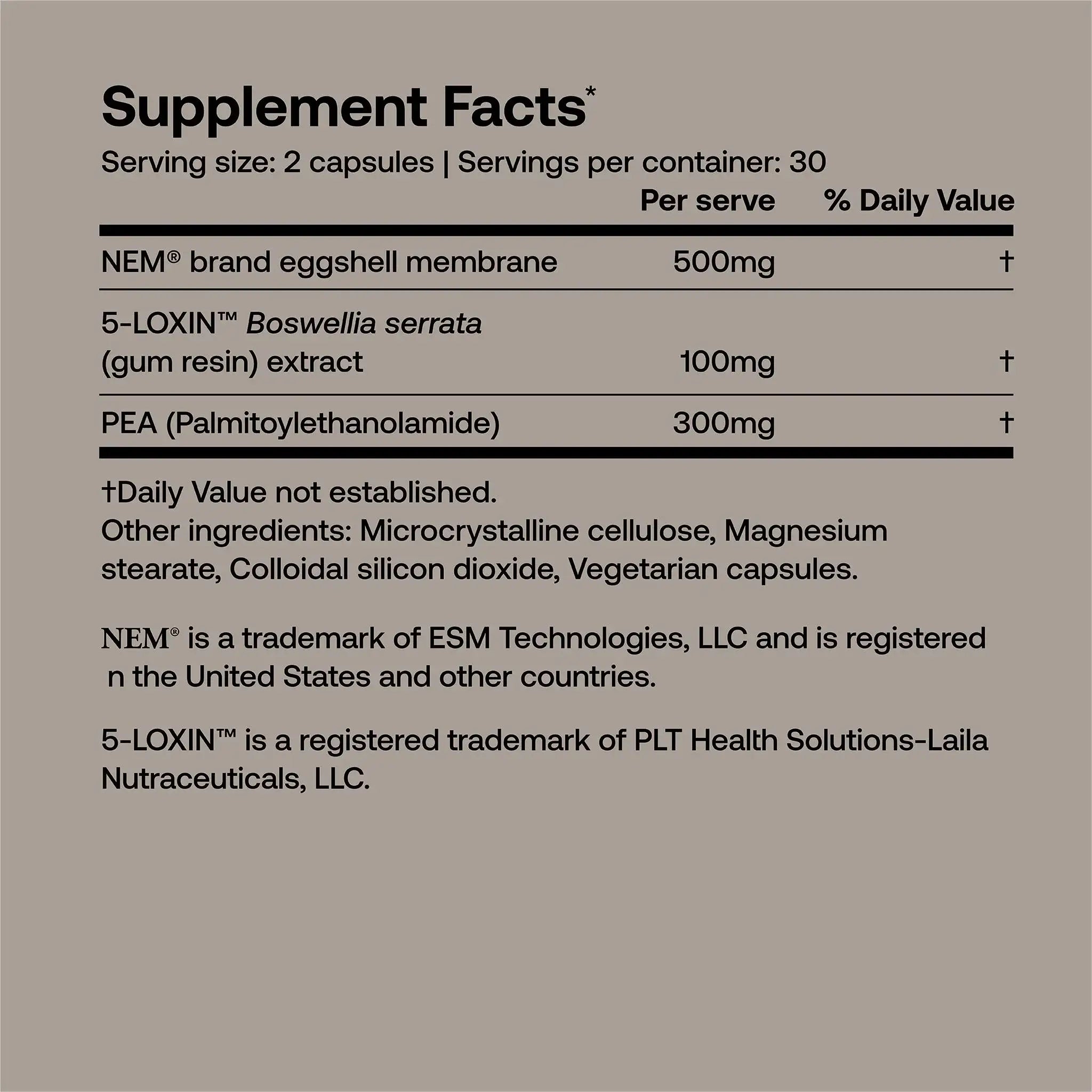 Supplement Facts for SRW Laboratories Skl¹ Mobility Joint Support 60 Caps, detailing key ingredients and servings.