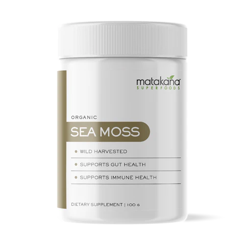 Matakana Superfoods Organic Sea Moss 100g packaging, dietary supplement for gut and immune health.