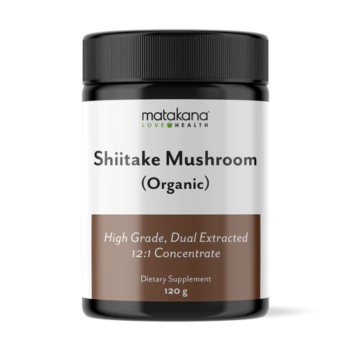 Matakana Superfoods Organic Shiitake Mushroom 120g dietary supplement jar featuring high grade dual extracted formula.
