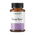 Matakana Superfoods Sleep Sync 30 Caps dietary supplement bottle for calm and continuous sleep support.