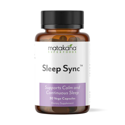 Matakana Superfoods Sleep Sync 30 Caps dietary supplement bottle for calm and continuous sleep support.