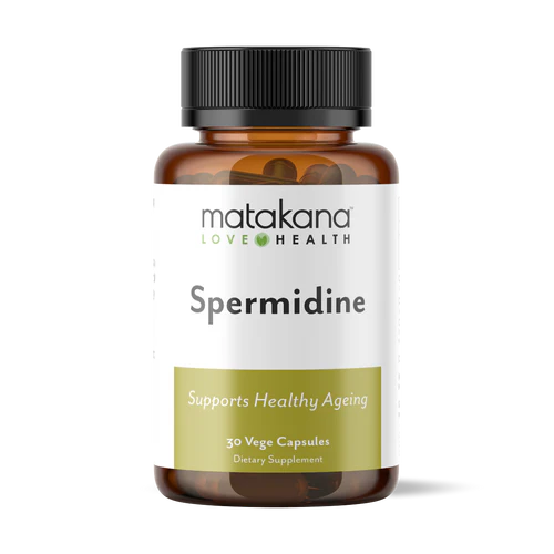 Matakana Superfoods Spermidine 30 Caps bottle supports healthy ageing with 30 vegan capsules for dietary supplementation.