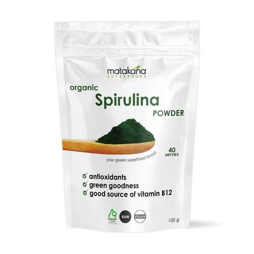 Matakana Superfoods Spirulina Powder 100g packaging with green superfood benefits listing