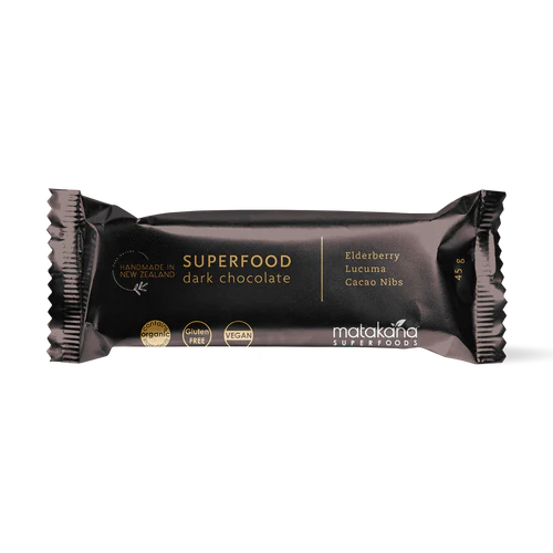 Matakana Superfoods Organic Superfood Dark Chocolate Bar 20 Bars packaging featuring superfood ingredients.