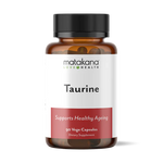 Matakana Superfoods Taurine 90 Caps bottle featuring 90 vege capsules for healthy ageing support.