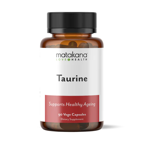 Matakana Superfoods Taurine 90 Caps bottle featuring 90 vege capsules for healthy ageing support.