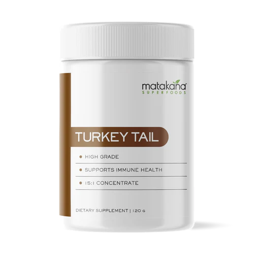 Matakana Superfoods Turkey Tail Mushroom 120g packaging featuring high grade and immune health support claims.