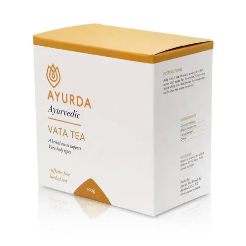 Ayurda Vata Tea 100g packaging, a caffeine-free herbal tea for Vata body types, featuring Ayurvedic herbs and spices - Windback NZ.