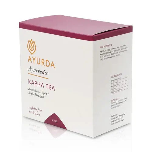 Ayurda Kapha Tea 100g packaging showing a caffeine free herbal tea blend for Kapha body types - Windback NZ