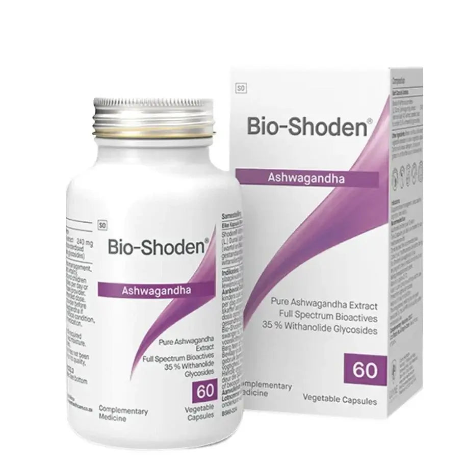 Bio-Shoden Ashwagandha 60 Caps bottle and packaging, showcasing the Ashwagandha extract for enhanced wellbeing.