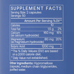 Supplement Facts for BodyBio Calcium Magnesium Butyrate 100 Caps showing nutrients and serving size.