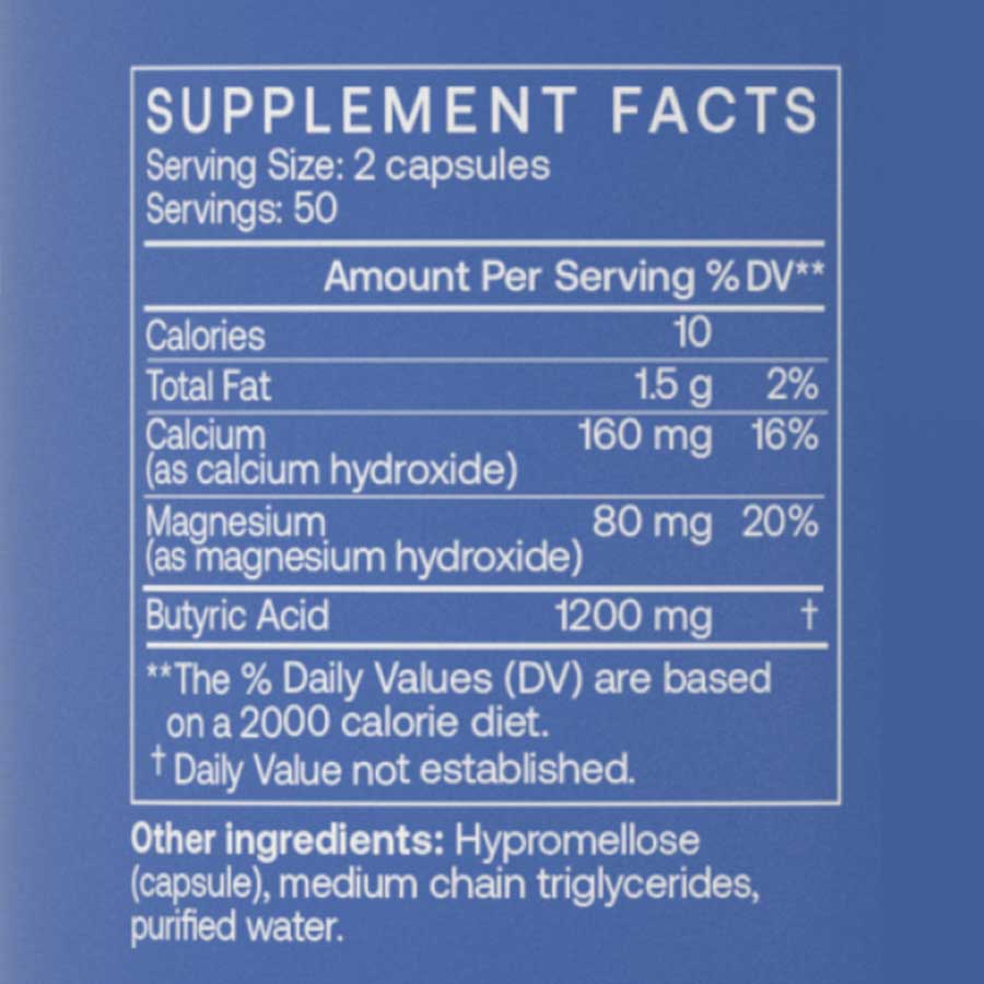 Supplement Facts for BodyBio Calcium Magnesium Butyrate 100 Caps showing nutrients and serving size.