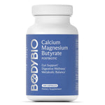 BodyBio Calcium Magnesium Butyrate 100 Caps bottle for gut health and digestive wellness support.