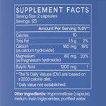 BodyBio Calcium Magnesium Butyrate 250 Caps supplement facts label showing nutrients and ingredients.