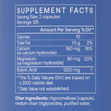 BodyBio Calcium Magnesium Butyrate 250 Caps supplement facts label showing nutrients and ingredients.