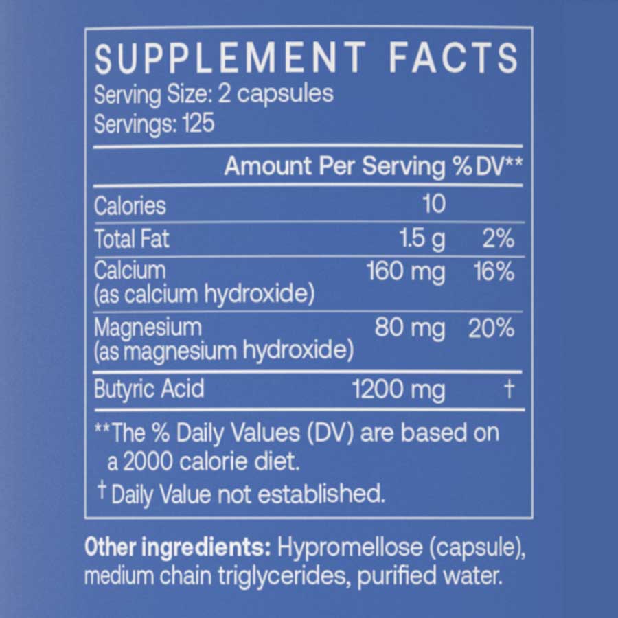 BodyBio Calcium Magnesium Butyrate 250 Caps supplement facts label showing nutrients and ingredients.