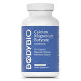 BodyBio Calcium Magnesium Butyrate 250 Caps vitamin supplement bottle promoting digestive health.