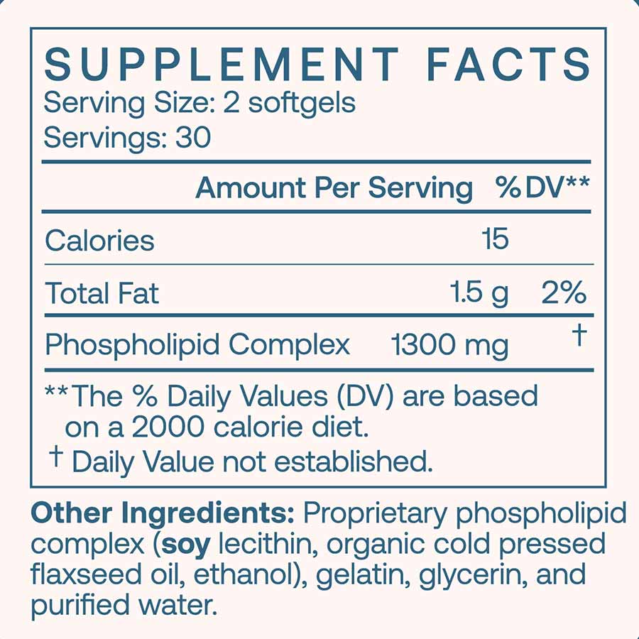 Supplement facts for BodyBio PC (Liposomal Phosphatidyl Complex) 60 Caps including servings and ingredients.