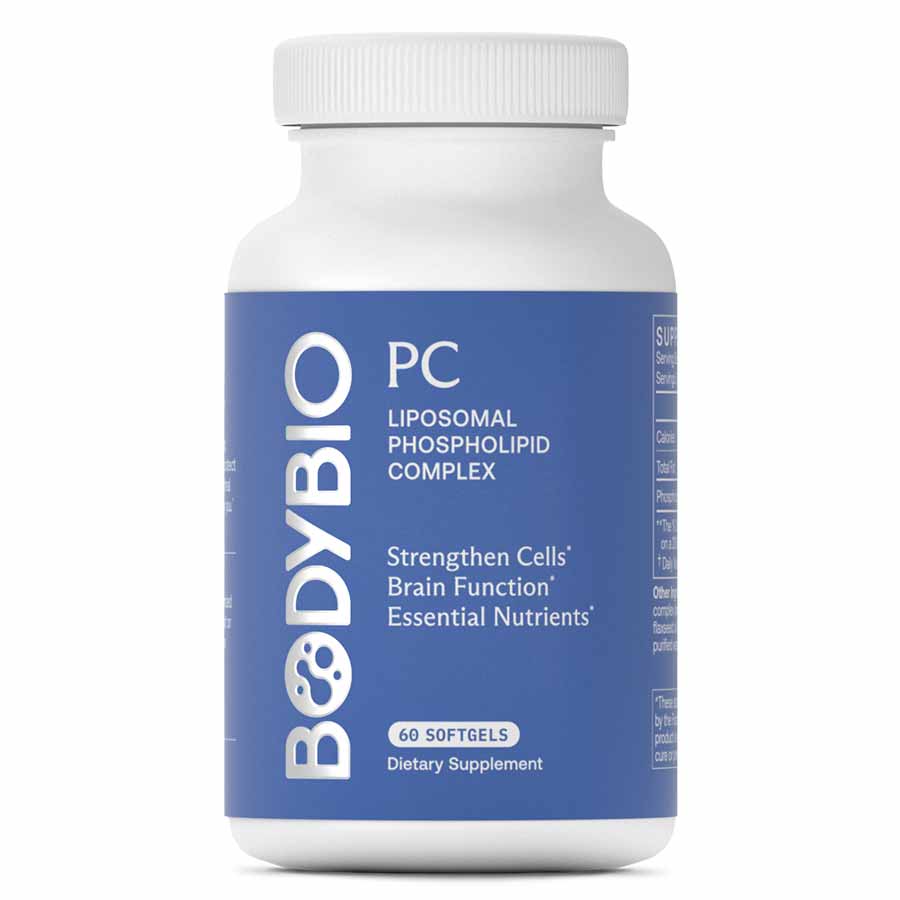 BodyBio PC (Liposomal Phosphatidyl Complex) 60 Caps dietary supplement bottle with label.