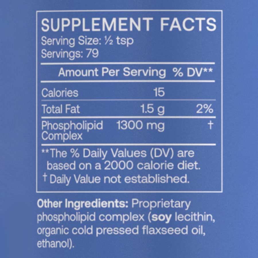 BodyBio PC Liquid 236 ml supplement facts including phospholipid complex and nutritional information.