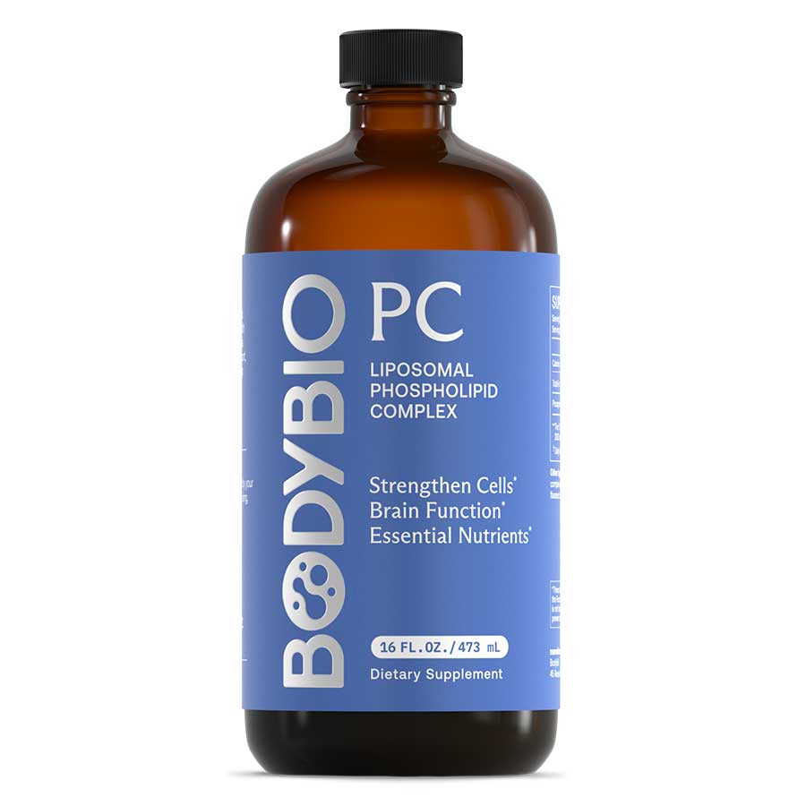 BodyBio PC Liquid 473 ml bottle, liposomal phospholipid complex for optimal brain function and cell health.