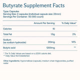 BodyBio Sodium Butyrate 100 Caps supplement facts showing nutrients, serving size, and ingredients for digestive health.