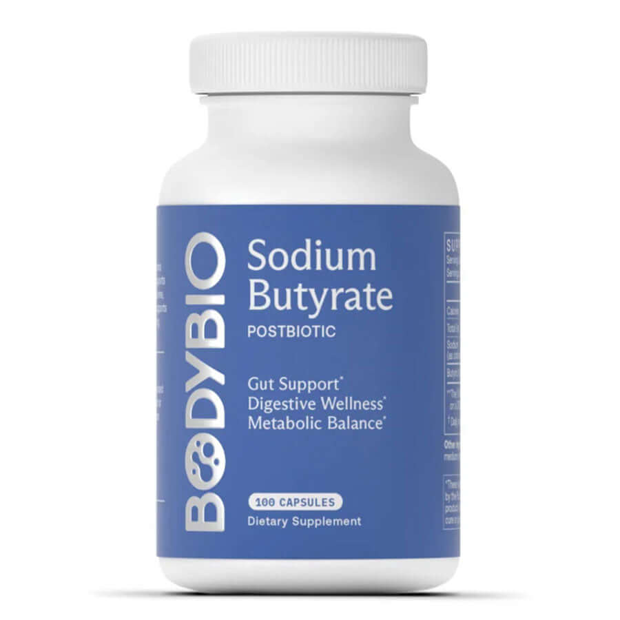 BodyBio Sodium Butyrate 100 Caps bottle for digestive health support and nutrient absorption