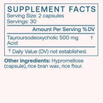 Supplement facts for BodyBio TUDCA 60 Caps showing ingredients and dosage information.