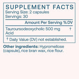 Supplement facts for BodyBio TUDCA 60 Caps showing ingredients and dosage information.