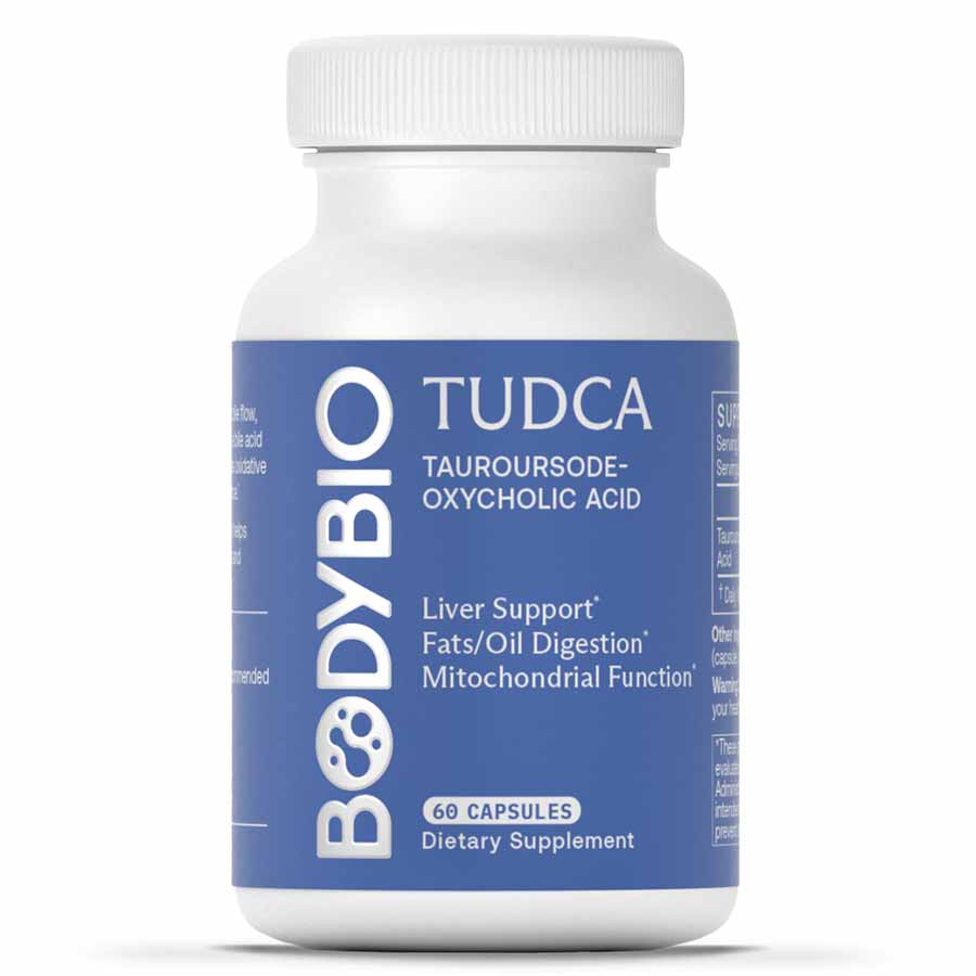 BodyBio TUDCA 60 Caps bottle showing liver support and fat digestion benefits.
