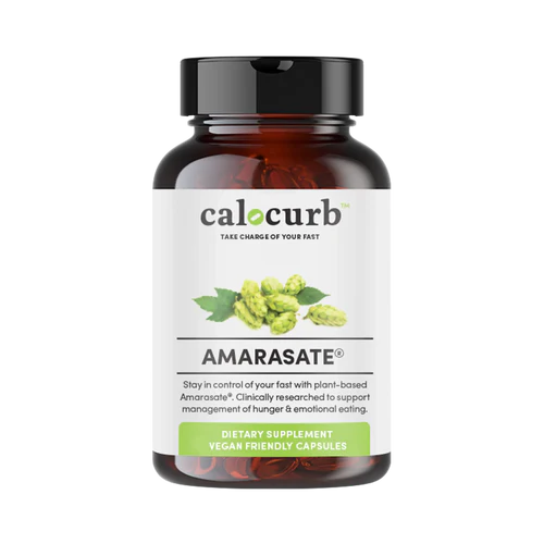 Supplement bottle labeled 'calocurb Amarasate' on a white background