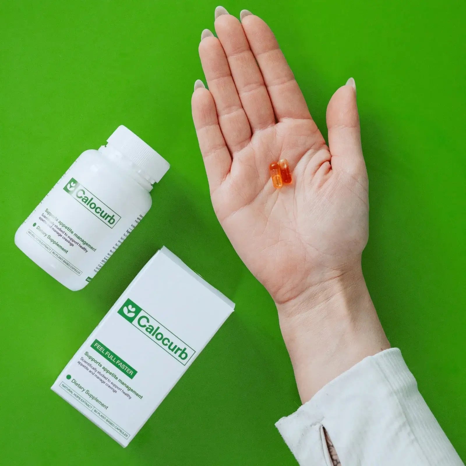 Calocurb GLP-1 Activator 90 Caps bottle and capsule in hand on green background for appetite management.