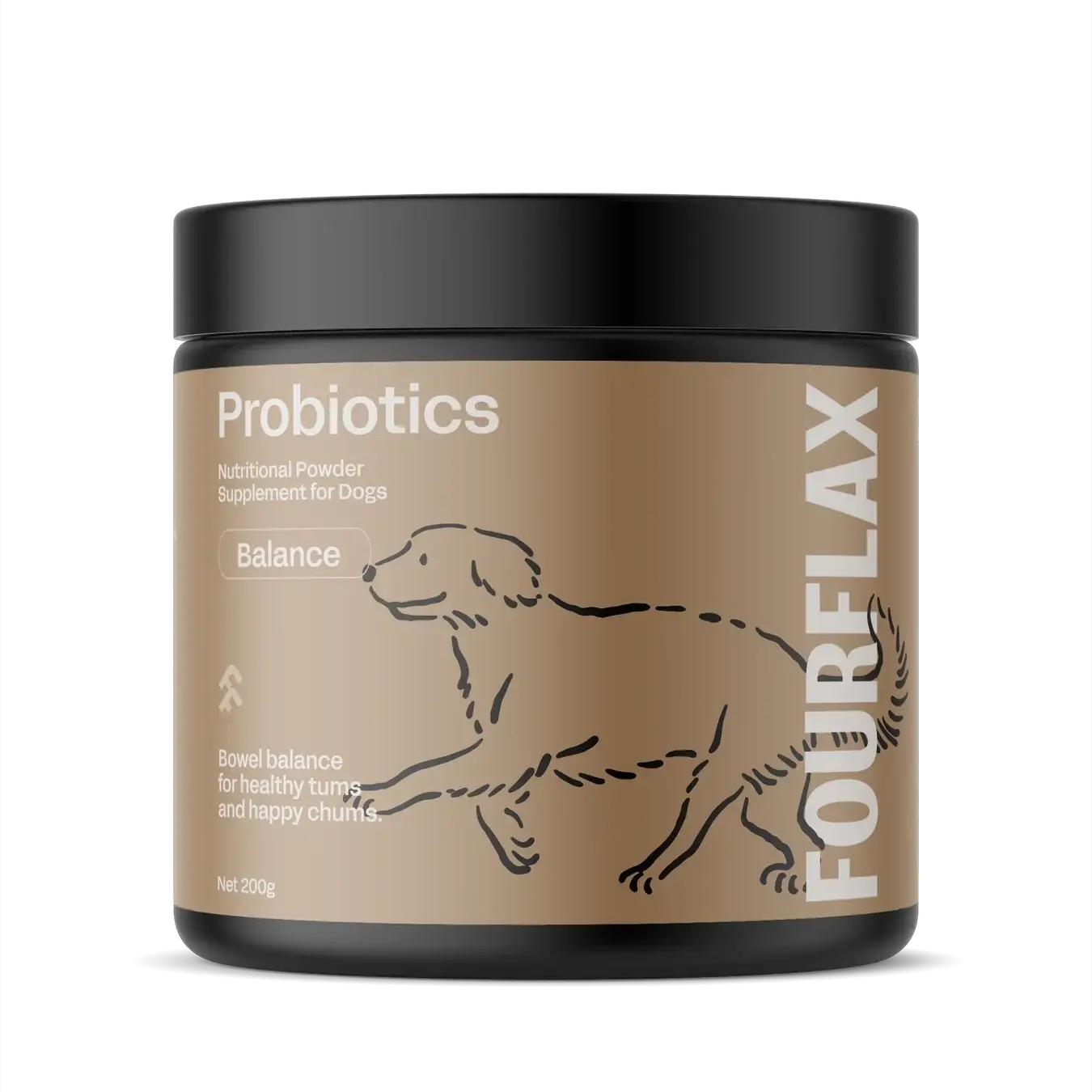 FourFlax probiotics container for dogs on a white background