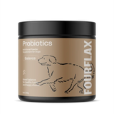 FourFlax probiotics container for dogs on a white background
