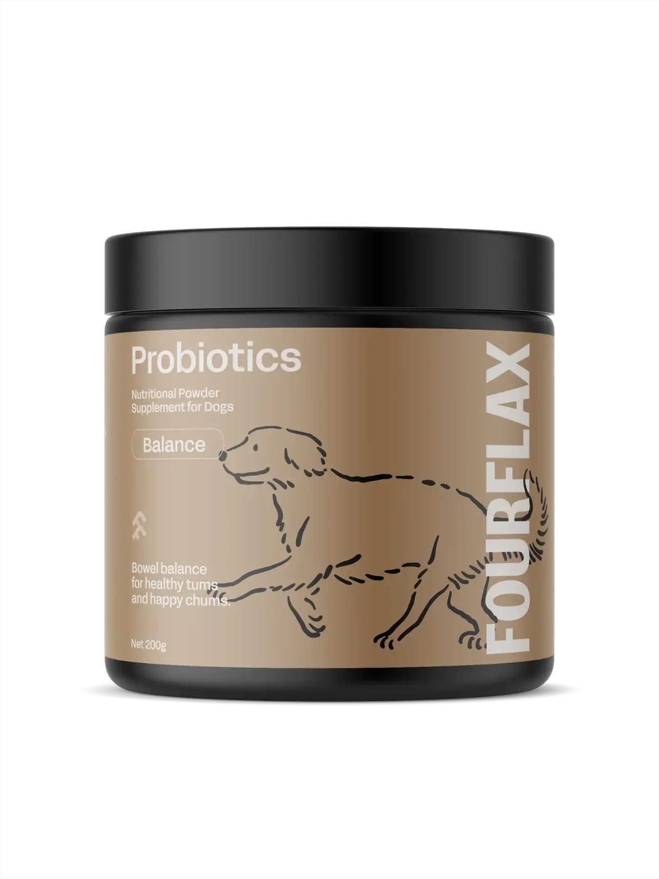 FourFlax probiotics container for dogs on a white background