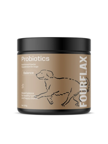 FourFlax probiotics container for dogs on a white background