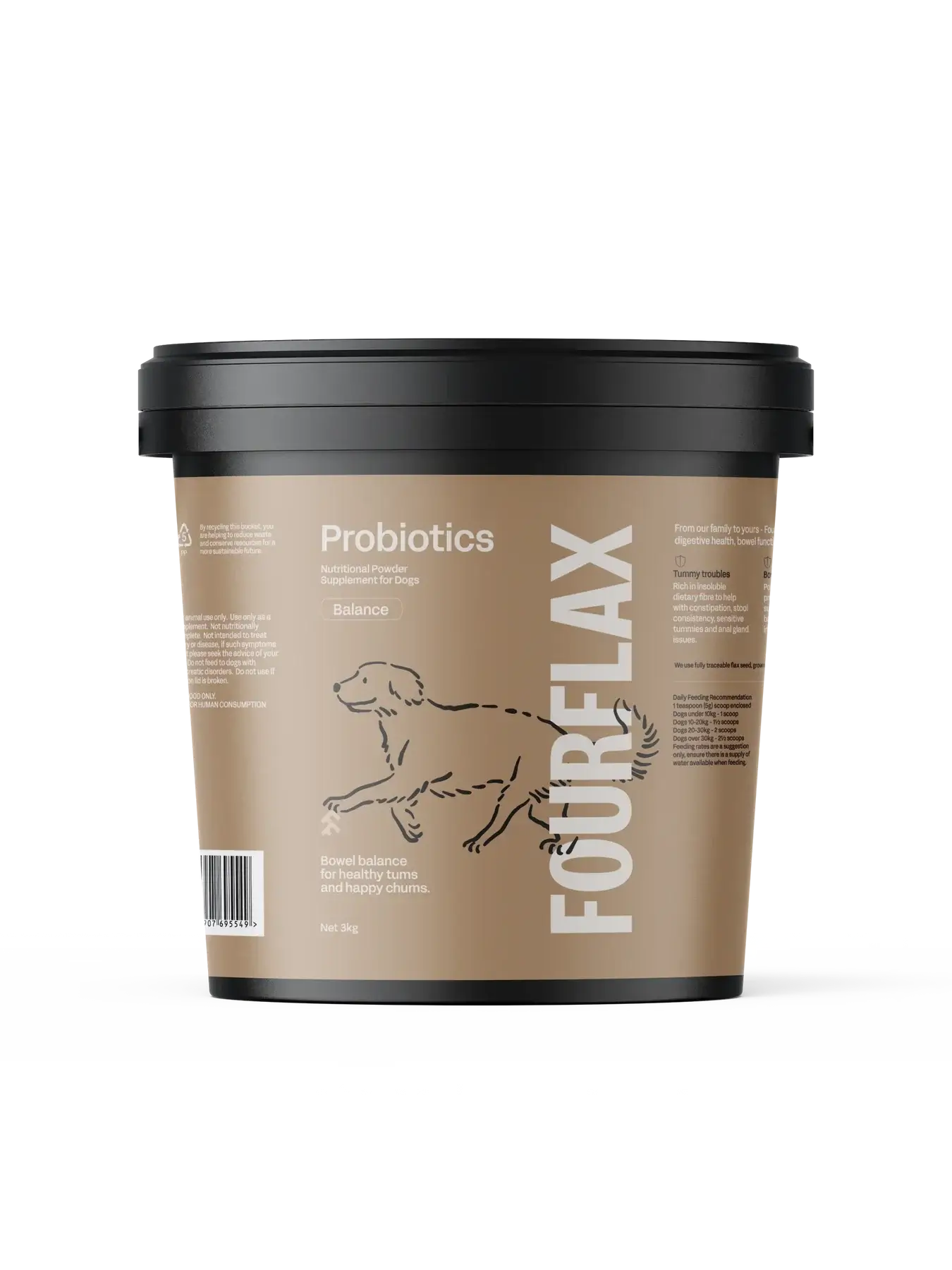Fourflax probiotics container for dogs on a white background