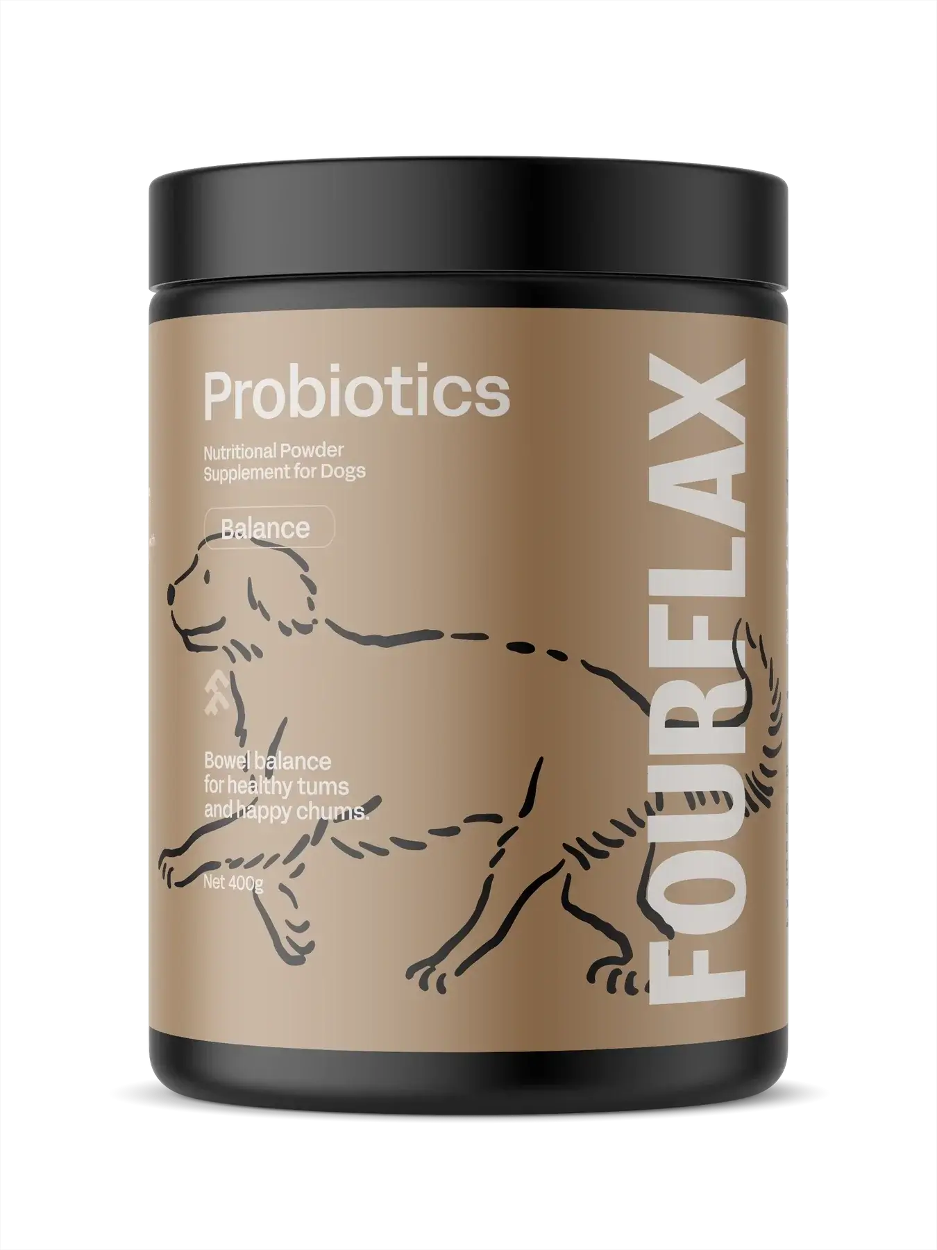 Fourflex probiotics container for dogs on a white background