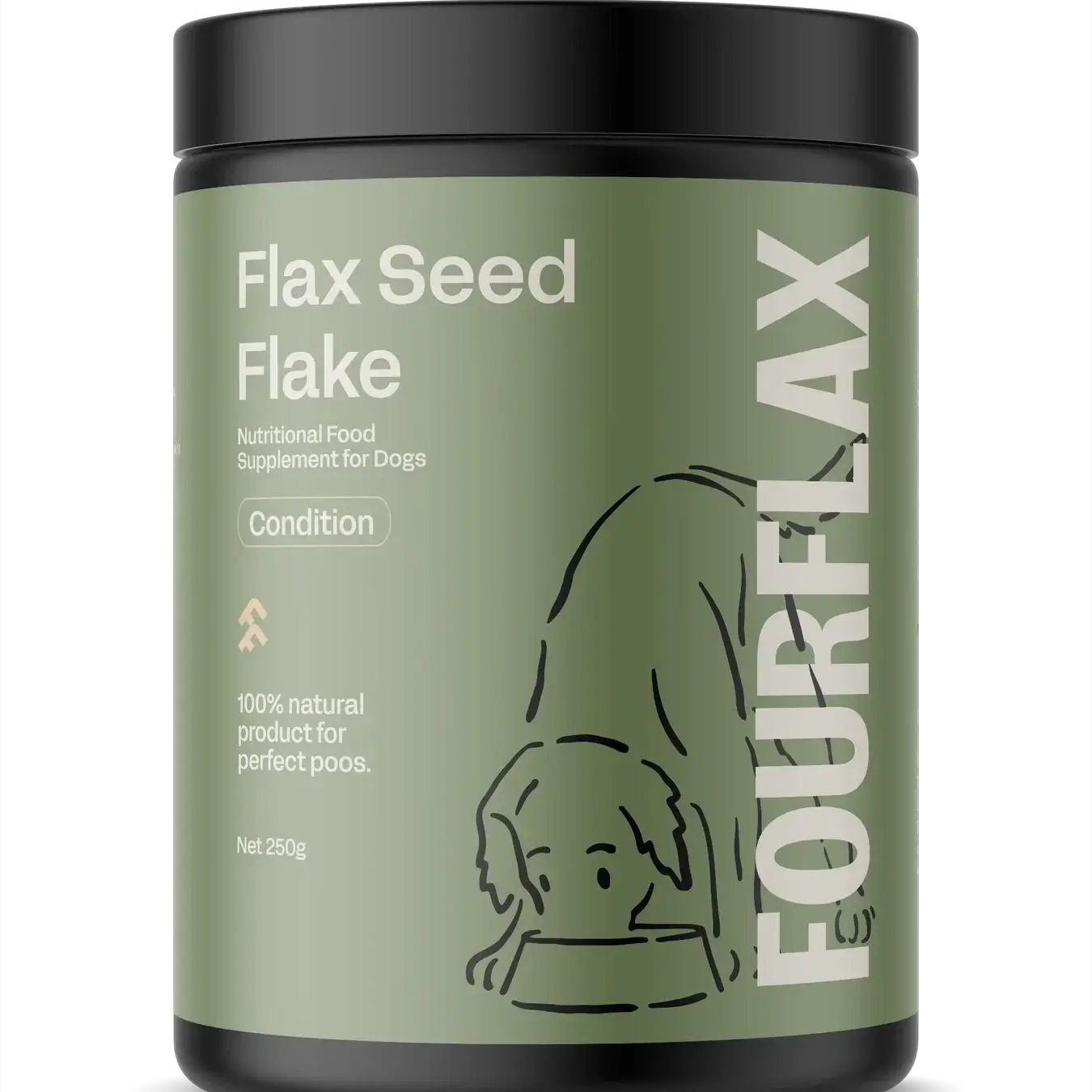FourFlax Flax Seed Flake supplement container for dogs on a white background