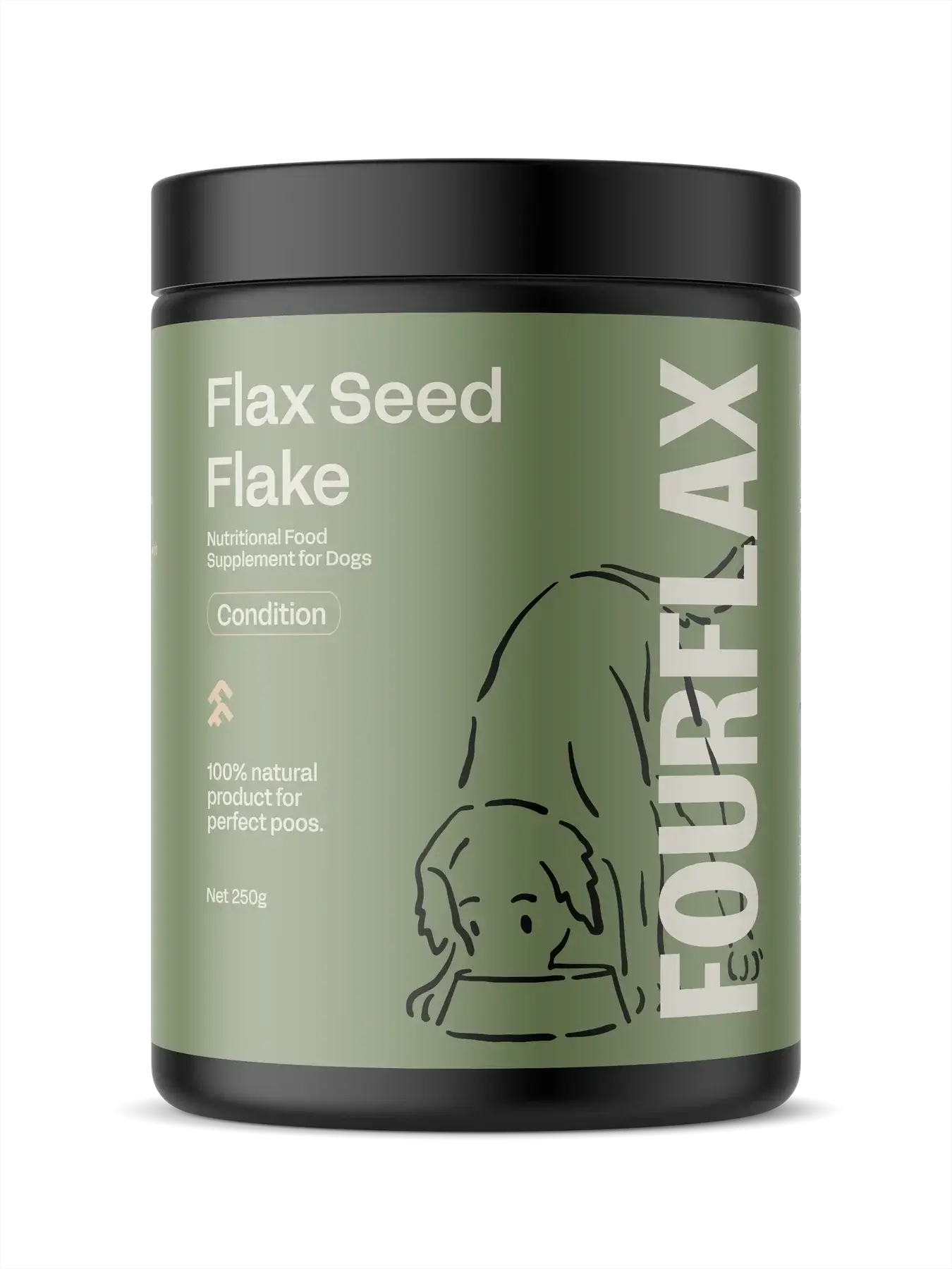 FourFlax Flax Seed Flake supplement container for dogs on a white background