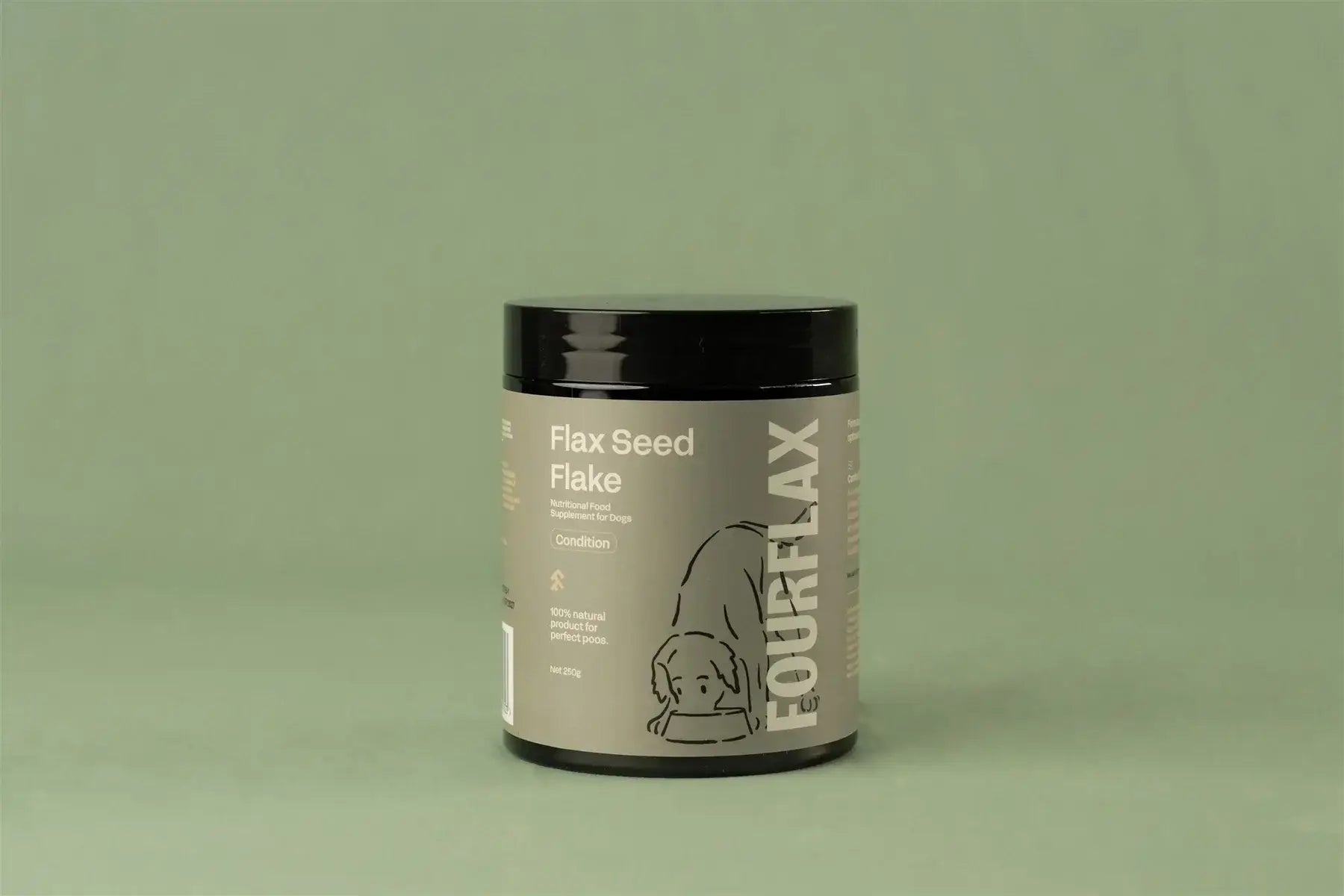 Container of FourFlax Flax Seed Flake on a green background
