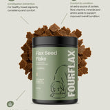 Fourflex Flax Seed Flake supplement container with flaxseed flakes on a light green background
