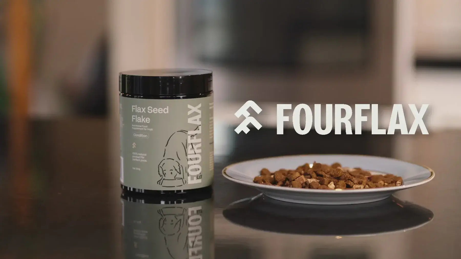 Fourflax flex seed flake container on a table with a blurred background