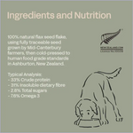 Ingredients and nutrition label for a product with a dog illustration on a green background