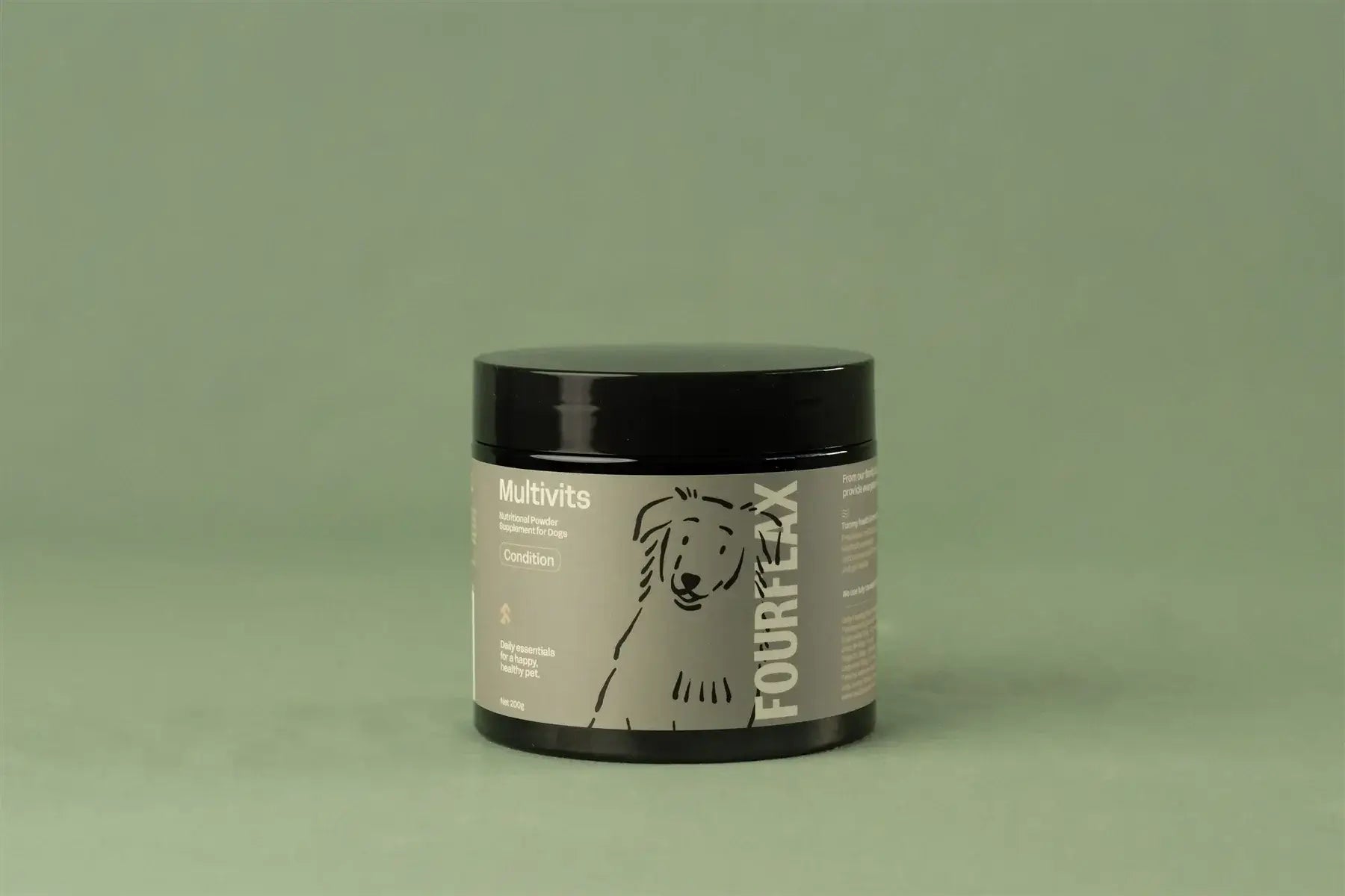 Jar of Fourflax dog multivitamin product on a green background