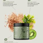 Fourflax Multivits container with kiwi fruit and text about product benefits on a light background