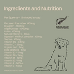 Ingredients and nutrition label for a pet product with a dog illustration on a green background.