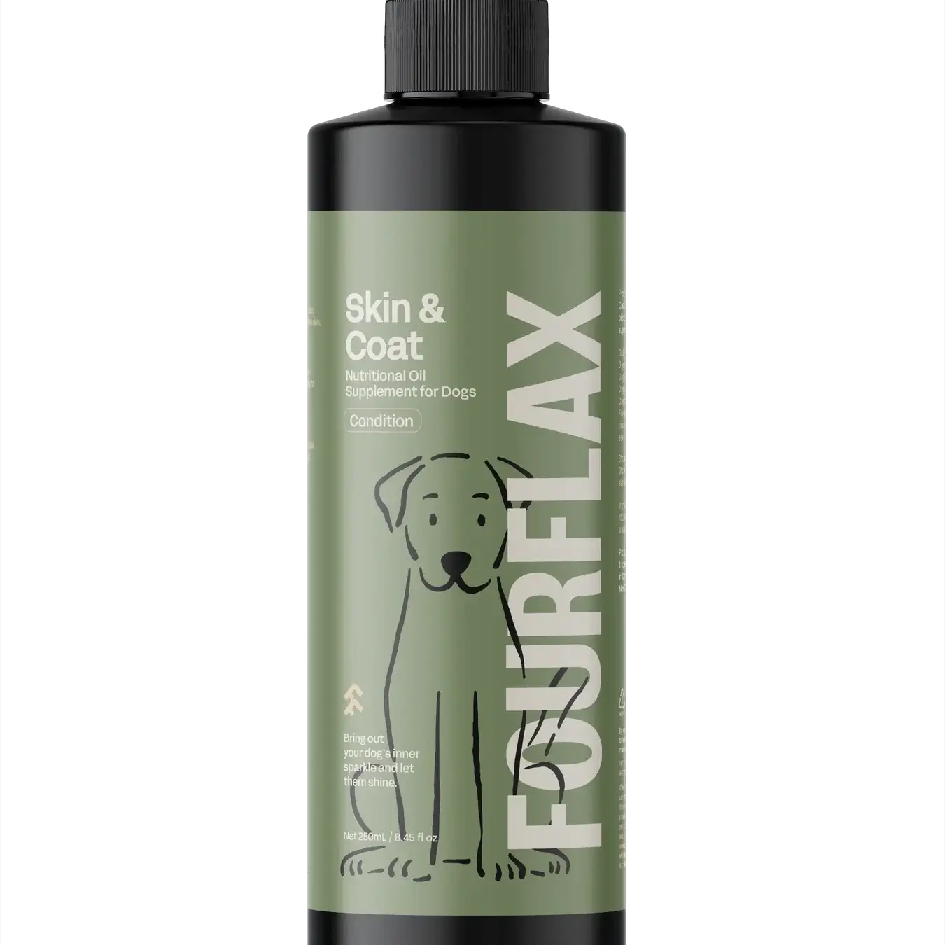 FourFlax Skin & Coat supplement bottle for dogs on a white background