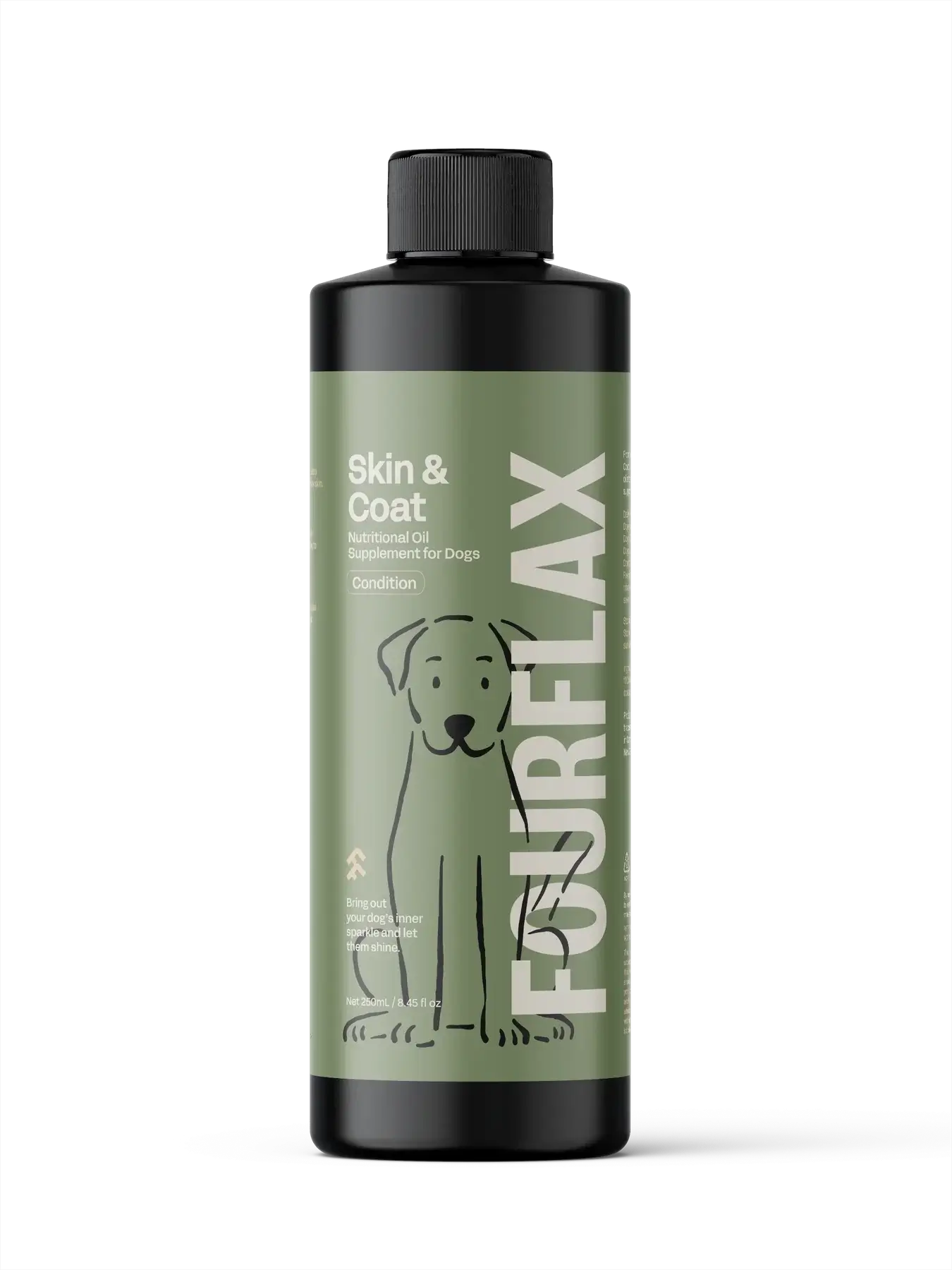 FourFlax Skin & Coat supplement bottle for dogs on a white background