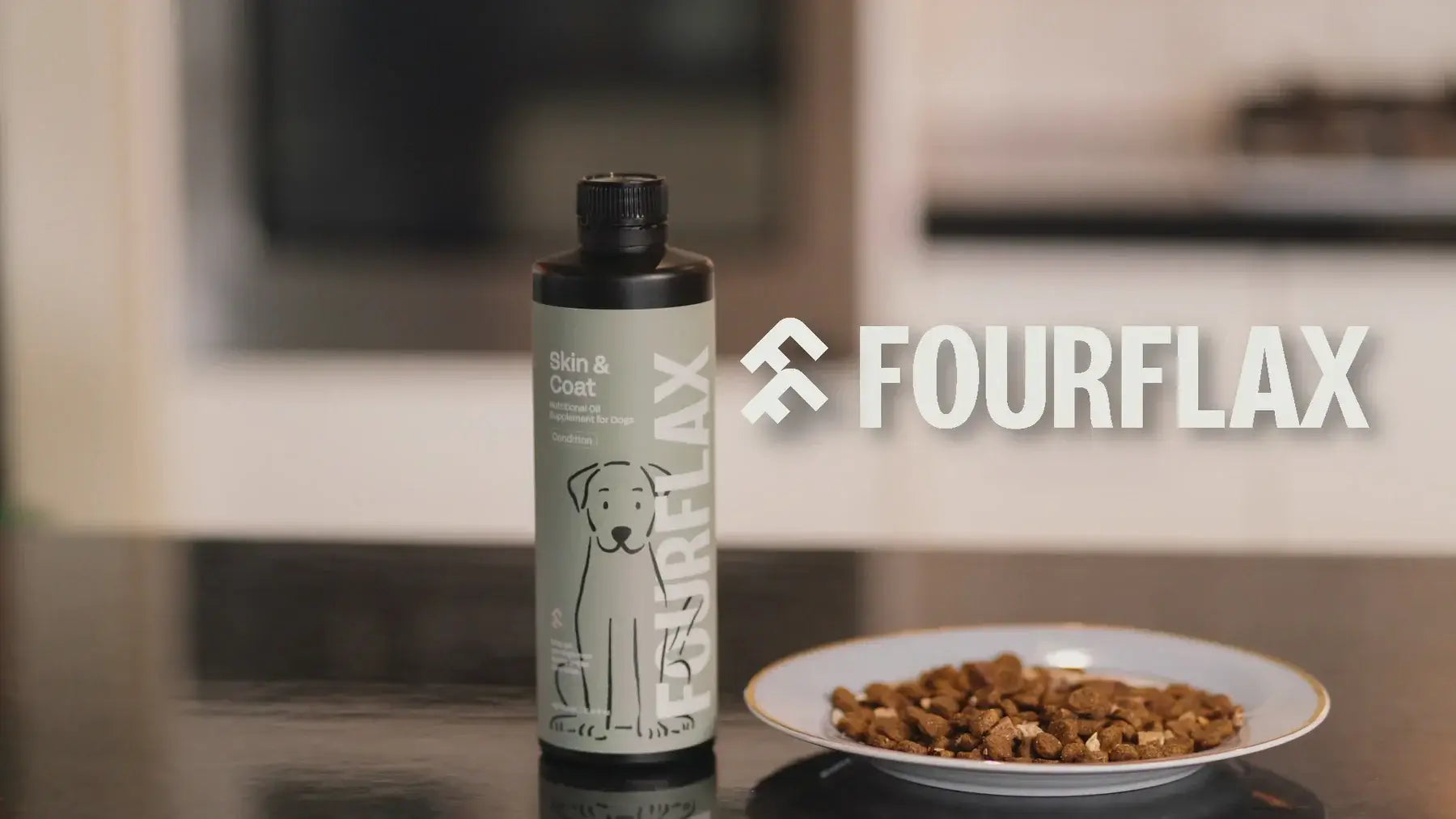 Bottle of FourFlax pet supplement on a kitchen counter with 'FourFlax' branding.